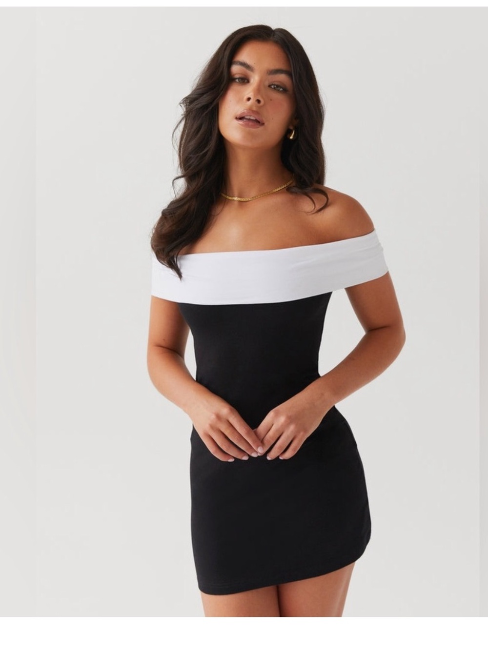 Peppermayo Black Mini Dress with White Fold-Over One-Shoulder 4